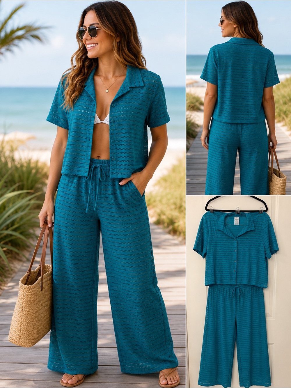 Hurley Teal Crochet Beach Cover-Up Set | Button-Up Top & Wide Leg Pants | Size L